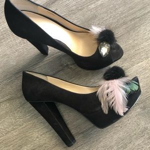 Platform Black Suede Peep Toe Heels